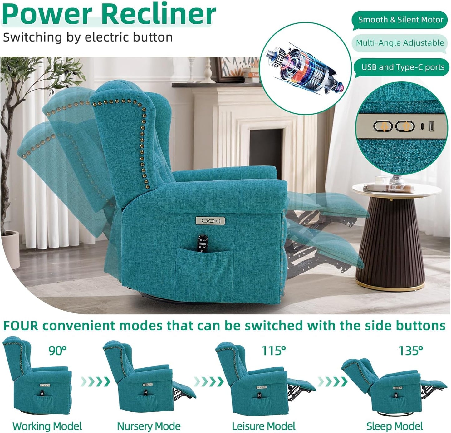 VIVIJASON Power Swivel Rocking Recliner Chair with Massage & Heat, Electric Rocker Nursery Glider Chair, Wingback Tufted Upholstered Recliner W/Type-C & USB Ports for Living Room, Bedroom, Beige
