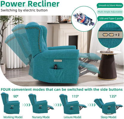 VIVIJASON Power Swivel Rocking Recliner Chair with Massage & Heat, Electric Rocker Nursery Glider Chair, Wingback Tufted Upholstered Recliner W/Type-C & USB Ports for Living Room, Bedroom, Beige