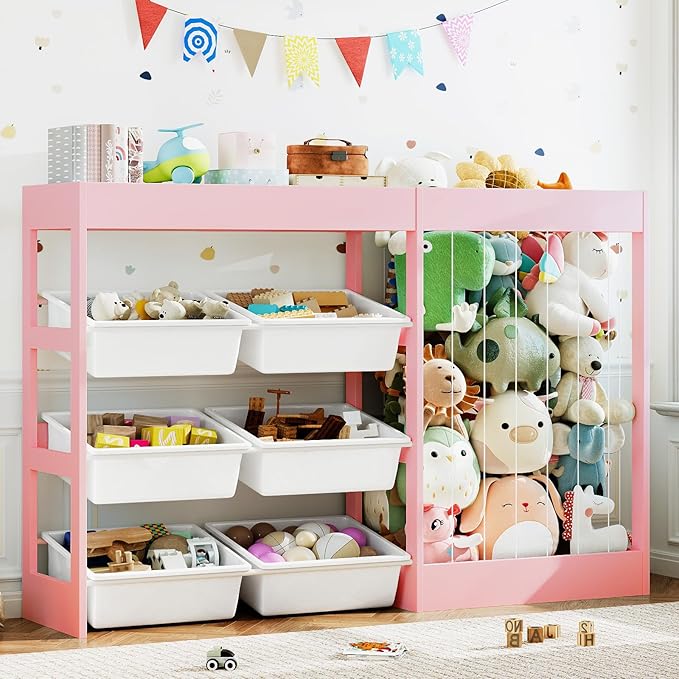 50.6" W Toy Organizers and Storage, 3-in-1 Kids Toy Storage Cabinet with Stuffed Animal Holder, 6 Plastic Removable Bins, Wooden Shelf for Girls Boys Playroom, Nursery, Kids Room(Pink)