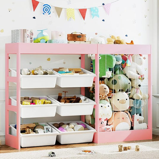 50.6" W Toy Organizers and Storage, 3-in-1 Kids Toy Storage Cabinet with Stuffed Animal Holder, 6 Plastic Removable Bins, Wooden Shelf for Girls Boys Playroom, Nursery, Kids Room(Pink)