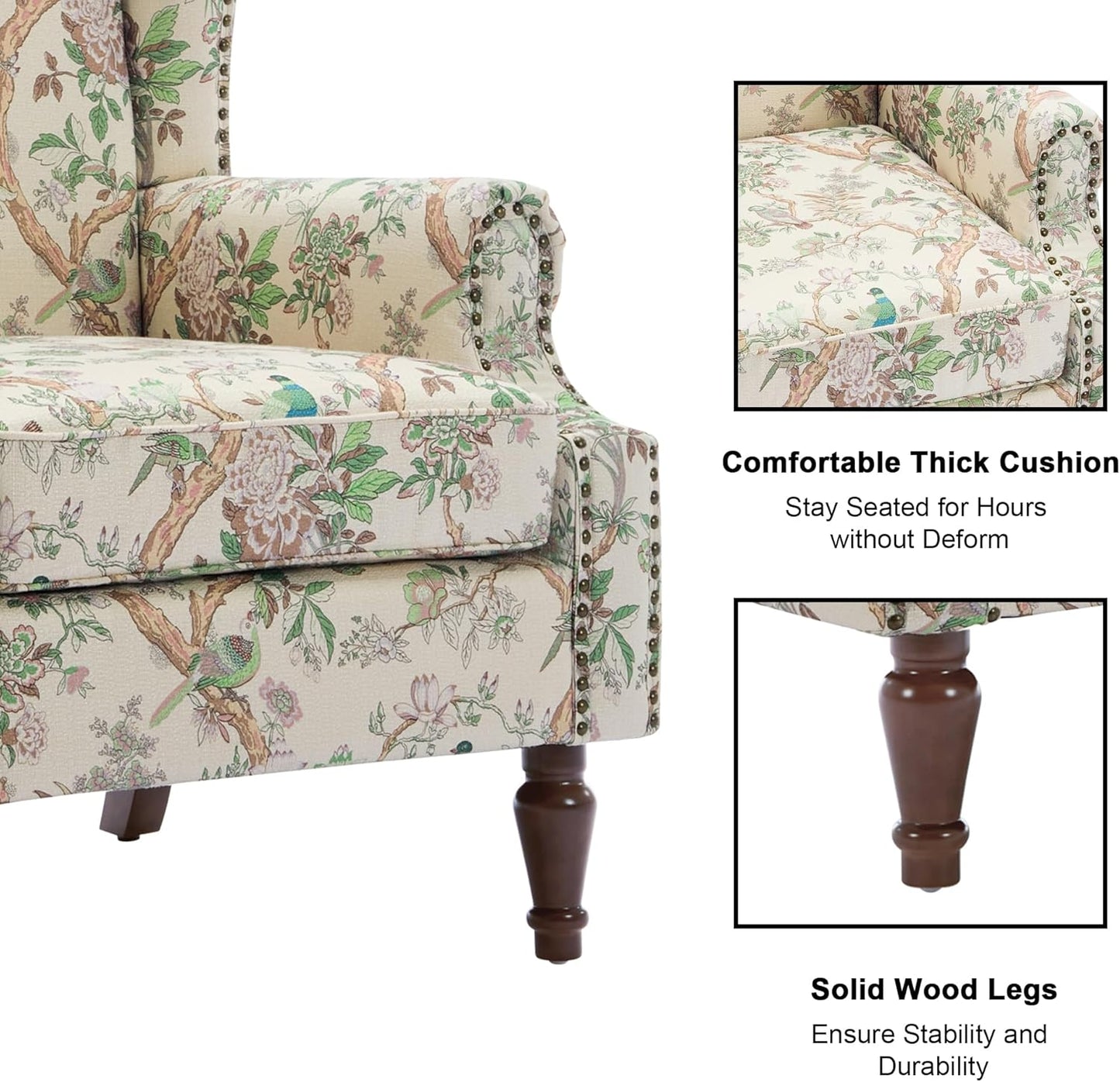 Swivel Rocker Recliner Chair, Manual Nursery Glider Recliner, Floral Fabric Wingback Accent Chair with Adjustable Backrest & Footrest for Small Spaces Living Room Bedroom (Plants Floral, Set of 1)