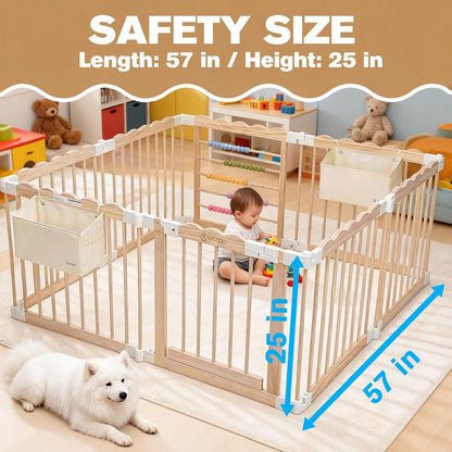 M MEEPO Foldable Baby Playpen, 57 x 57 x 25 in, Adjustable Shape & Size Wooden Baby Playpen with 2-Pack Storage Bags, Nature Pine Wood Play Yard for Infant, Toddler, Safety Lock Door, Build in Toys
