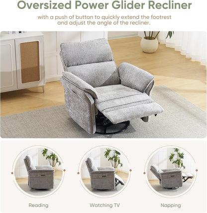 Oversized Glider Rocker Recliner, 26" Extra Wide 360° Swivel Nursery Recliner with Adjustable Headrest, Chenille Rocking Nursery Chair with Overstuffed Armrest, Lumbar Support, Light Grey