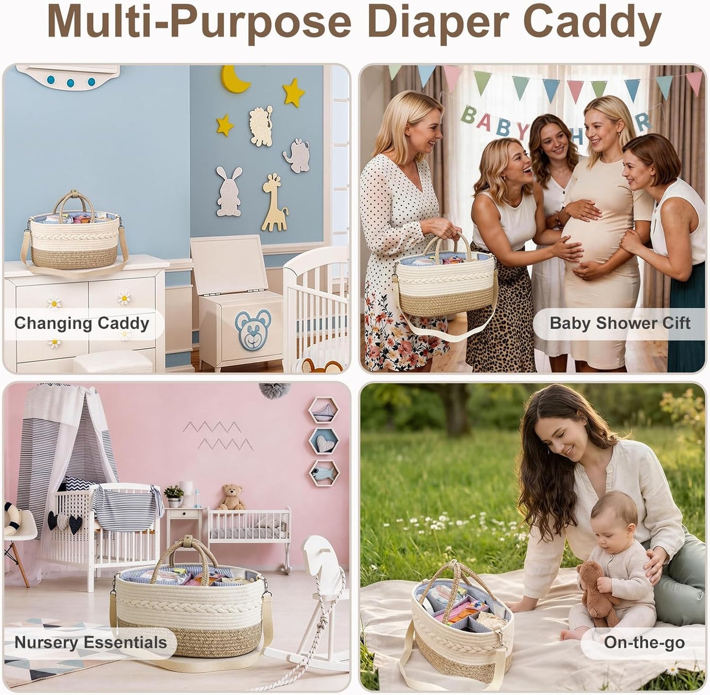 Baby Diaper Caddy Organizer, Portable Nursery Storage Basket with Changeable Compartments, 100% Cotton Woven Rope Baskets, Car & Changing Table Tote, Newborn Gift
