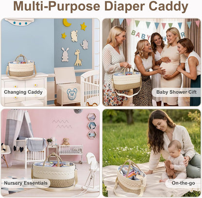 Baby Diaper Caddy Organizer, Portable Nursery Storage Basket with Changeable Compartments, 100% Cotton Woven Rope Baskets, Car & Changing Table Tote, Newborn Gift