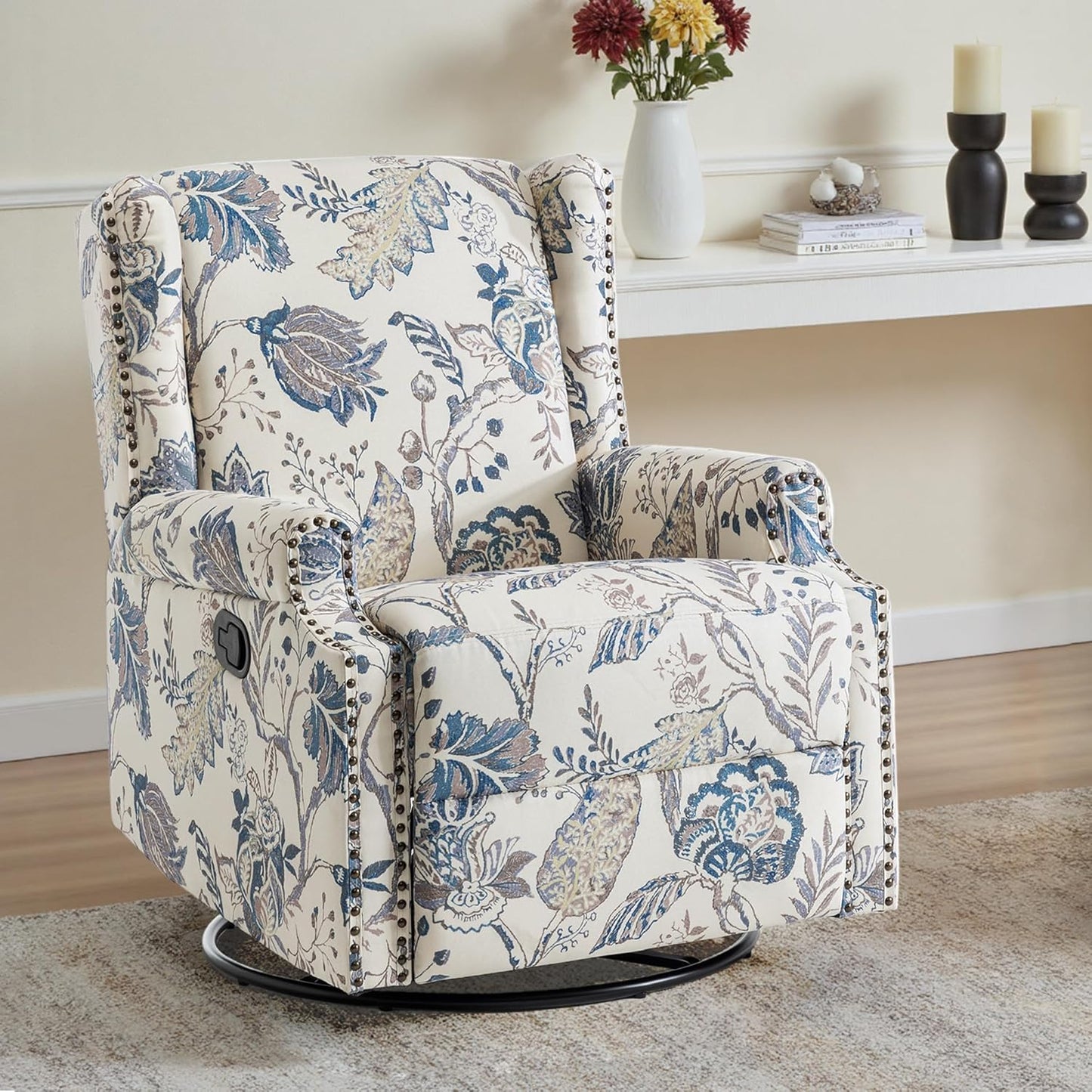 UIXE Swivel Glider Recliner Chair for Adults, High Back Nursery Rocker Floral Upholstered Armchair for Living Room, Manual Reclining Rivet Trim Sofa Lounge with Deep Seat in Fabric - Navy Blue