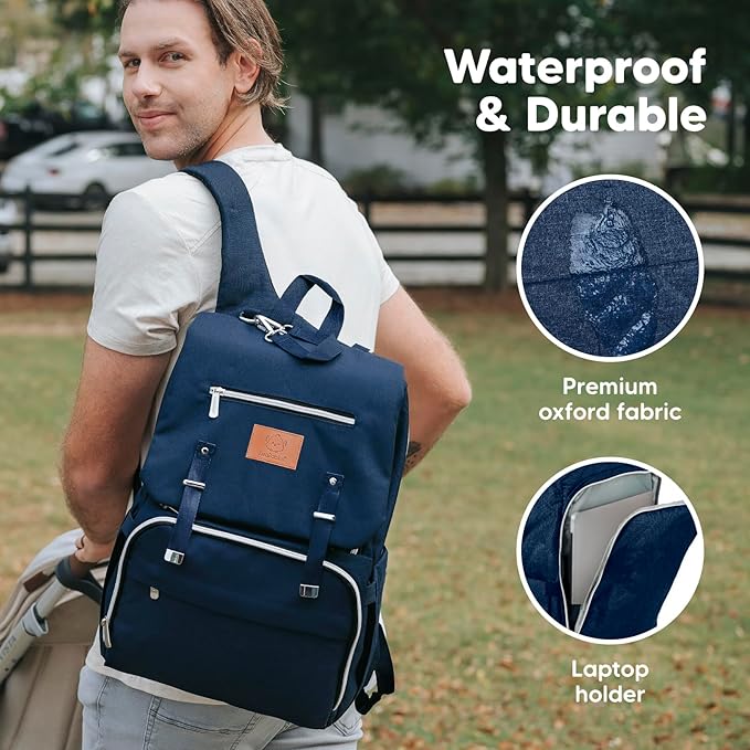 KeaBabies Baby Diaper Bag Backpack with Changing Pad - Waterproof Baby Bag for Mom and Dad, Insulated Bottle Pockets, Durable Toddler, Twin, Boy Girl Diaper Backpack for Travel, Large (Navy Blue)