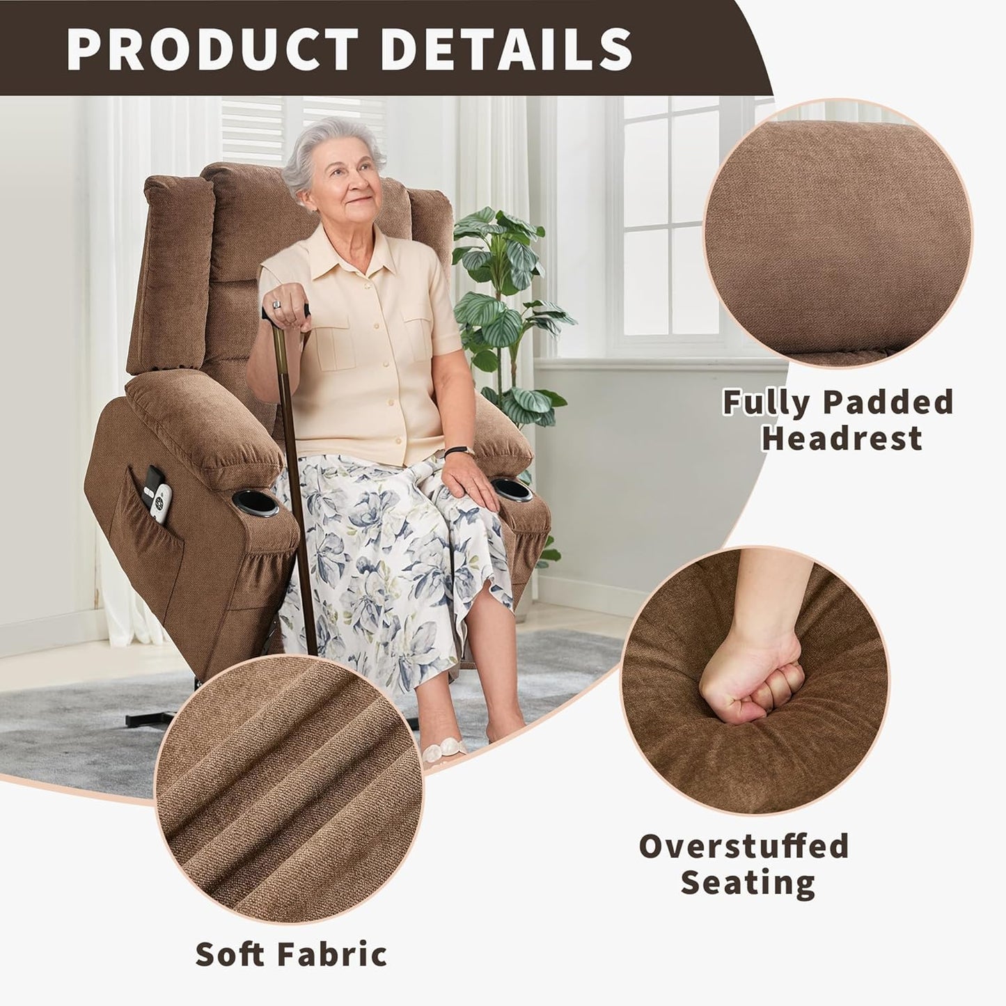 Rocking Recliner Chair for Adults Wide 360° Swivel Rocker Recliner with Cup Holder Nursery Glider with Upholstered Deep Seat Linen Lazy boy Chair for Living Room Browm