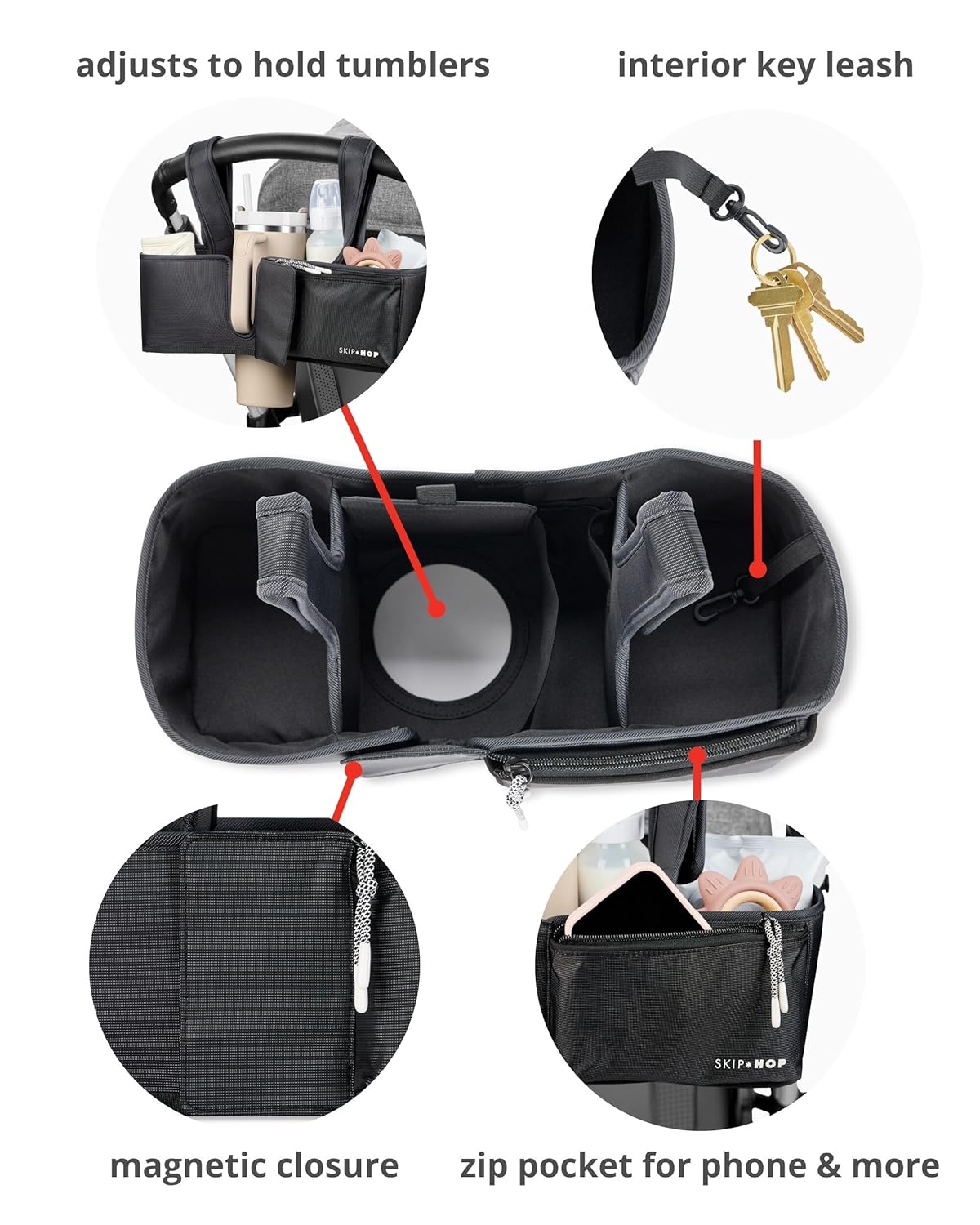 Skip Hop Ultimate Stroller Organizer Universal Fit with Adjustable Straps, Magnetic Flaps and Convertible Design That fits 40 oz. Tumblers, Oat