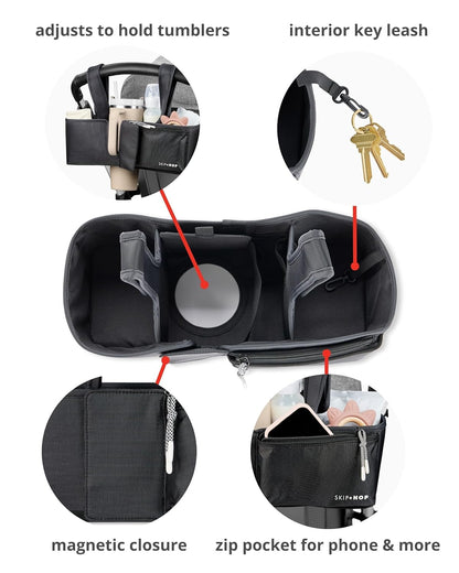 Skip Hop Ultimate Stroller Organizer Universal Fit with Adjustable Straps, Magnetic Flaps and Convertible Design That fits 40 oz. Tumblers, Oat