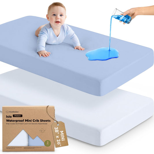 2-Pack Waterproof Pack and Play Sheets, Mini Crib Sheets Fitted for Boy, Girl - 38 x 26 Viscose from Bamboo Pack N Play Mattress Sheets for Graco, Toddler Playard Baby Crib Sheets Neutral (Blue Flax) - Colors B