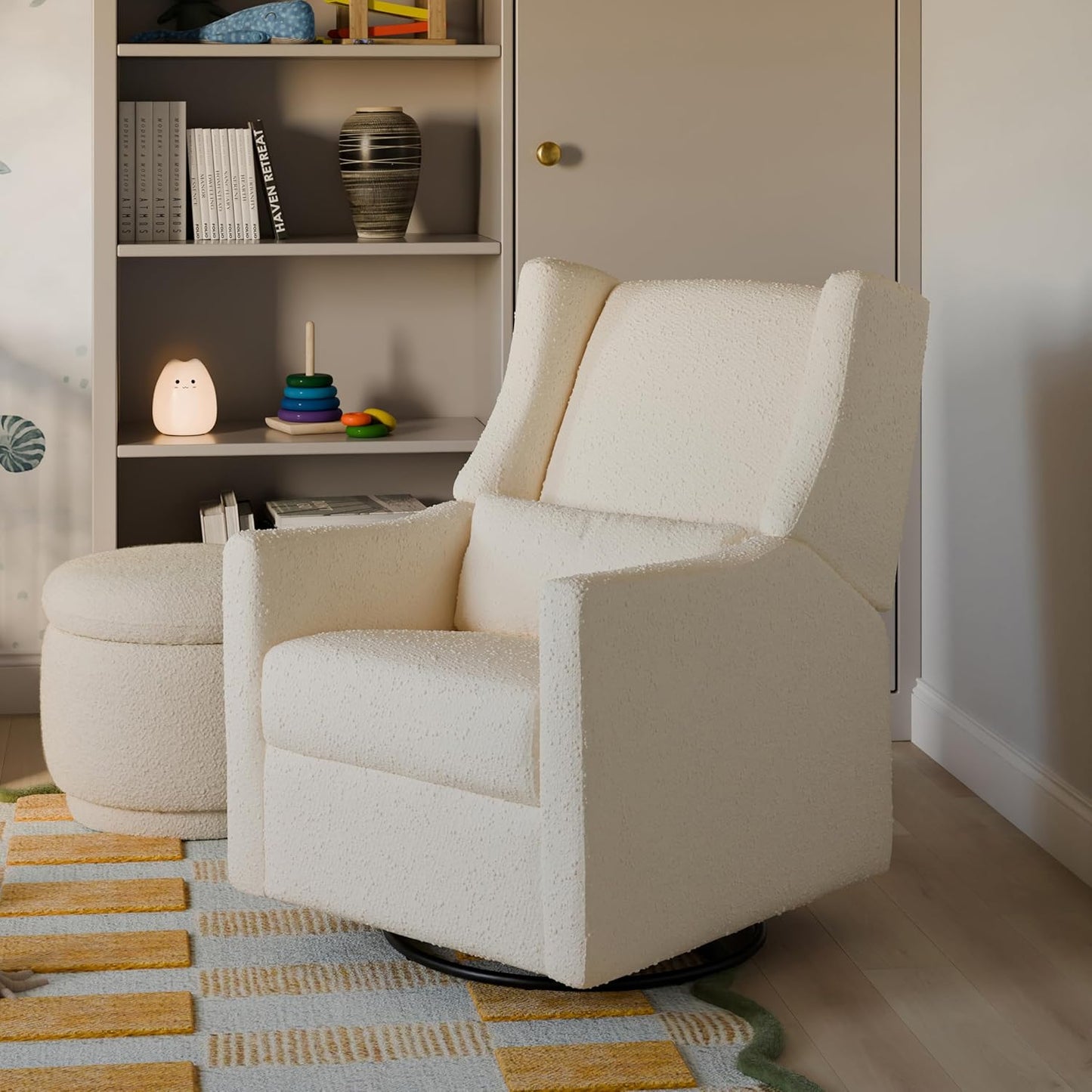 Kiwi Glider Recliner w/Electronic Control and USB | in Almond Teddy Loop w/Light Wood Base, Greenguard Gold Certified