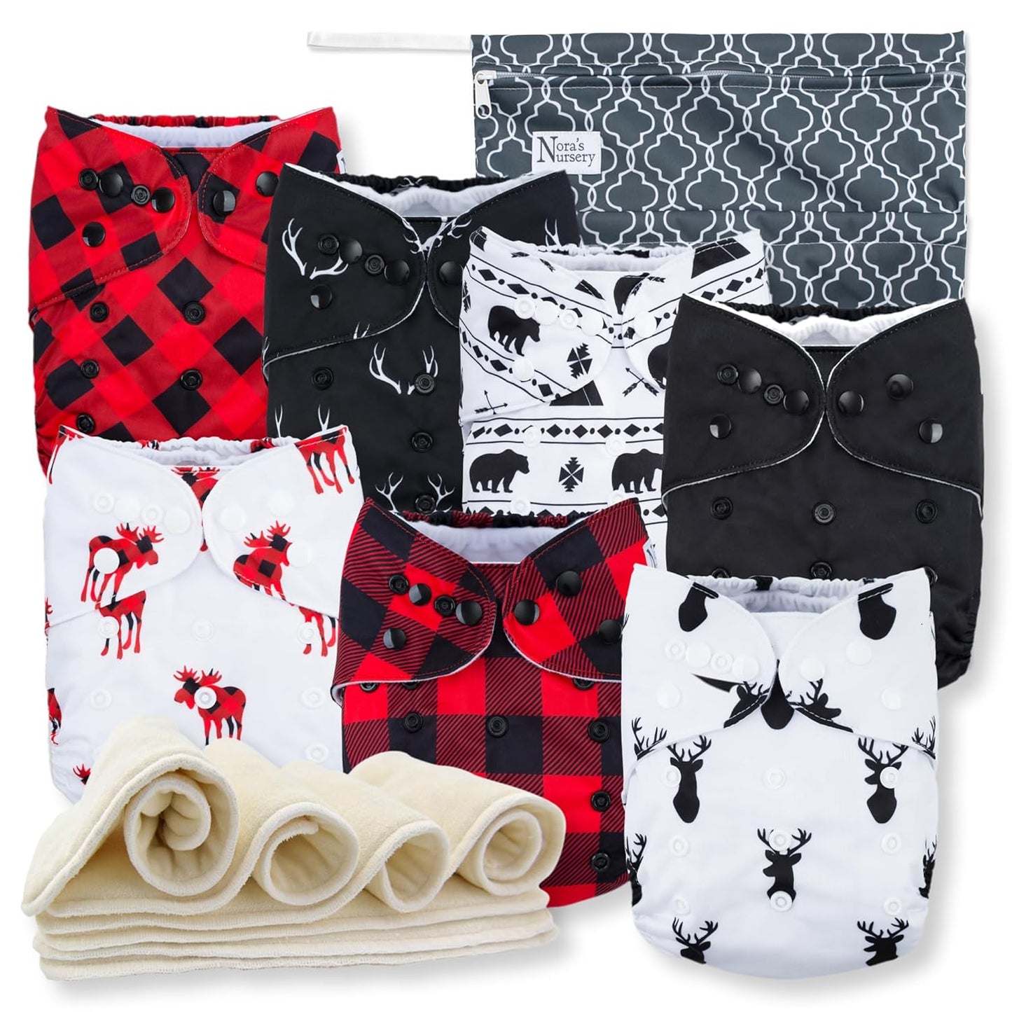 Nora's Nursery Cloth Diapers 7 Pack with 7 Inserts & 1 Wet Bag - Waterproof Cover, Washable, Reusable & One Size Adjustable Pocket Diapers for Newborns and Toddlers - Cali Coastal