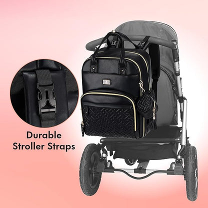 Dikaslon Leather Diaper Bag Backpack with Portable Changing Pad, Pacifier Case and Stroller Straps, Large Unisex Baby Bags for Boys Girls, Multipurpose Travel Back Pack for Moms Dads, Black