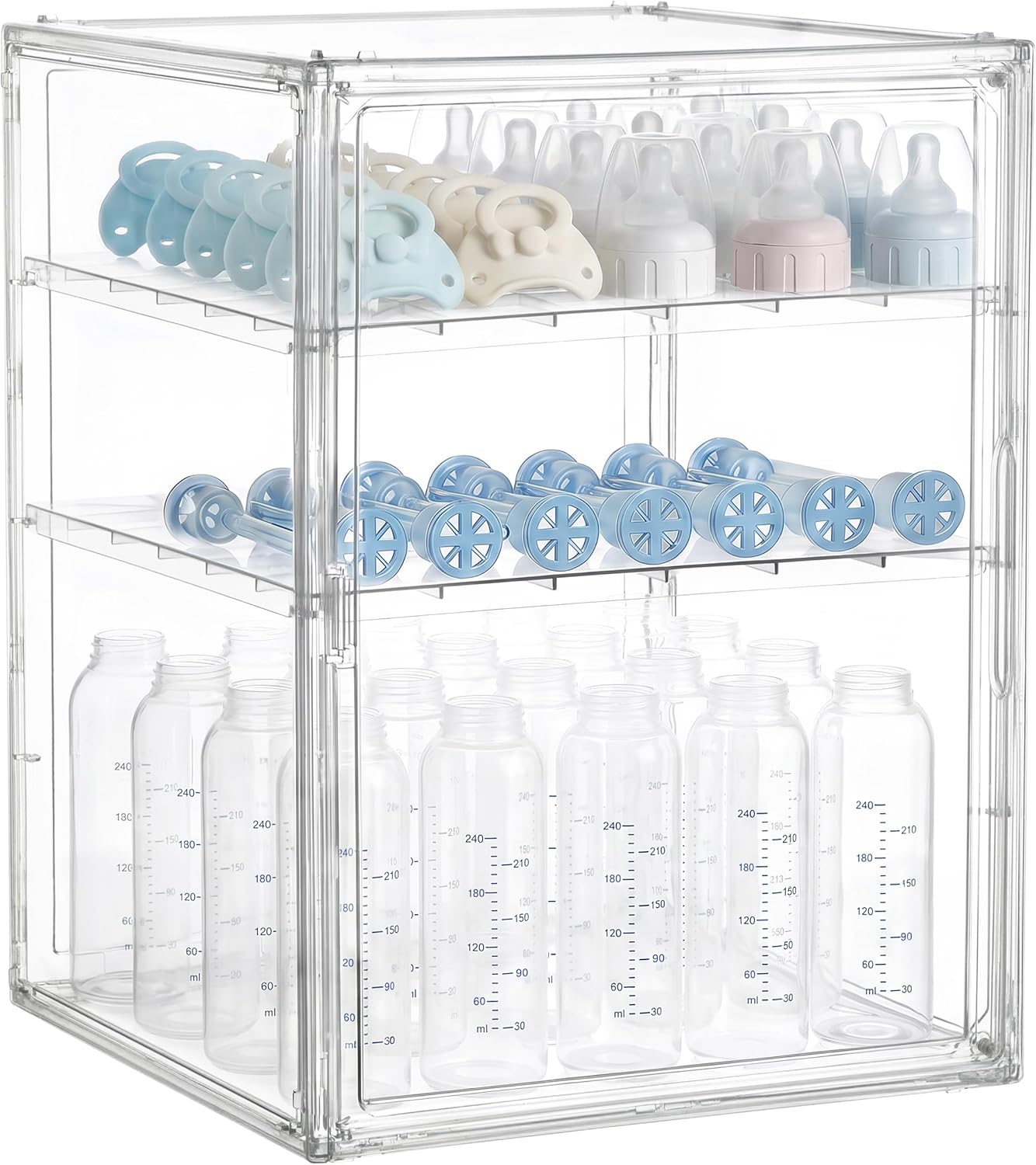 HBlife Baby Bottle Storage Organizer for Countertop Cabinet, 3 Tiers Adjustable Clear Acrylic Bottles Storage Station Case Box Container with 2 Removable Dividers and Magnetic Door, Large