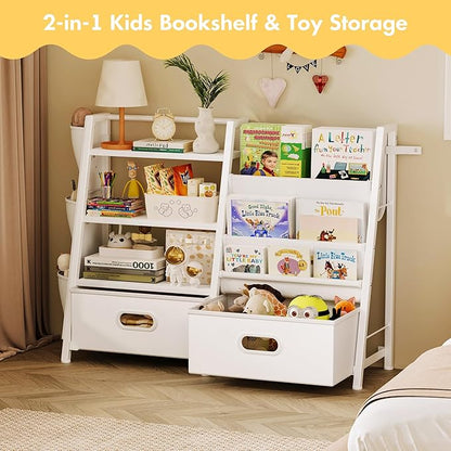 Homeiju Kids Bookshelf and Toy Storage Organizer, 3 Tier Kids Bookcase, Sling Bookshelf and 2 Toy Bins with Toy Storage Organizer for Children Room, Playroom, Nursery, White