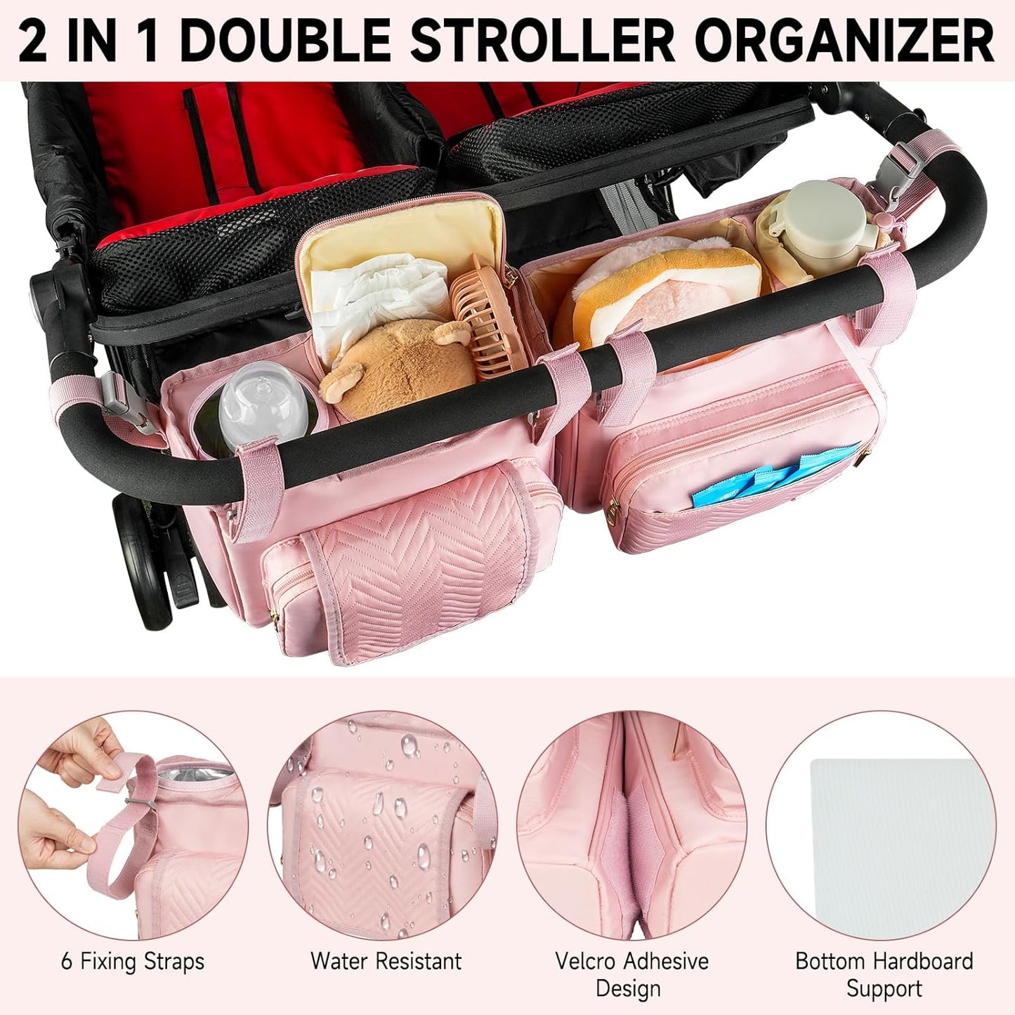 Universal Stroller Organizer with Insulated Cup Holders,Large Capacity Non-Slip Stroller Caddy Bag Fits for Uppababy/Doona/Jogger/Britax/Mompush/BoB with Anti-Sag Hard Bottom and Wet Wipes Pocket
