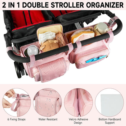 Universal Stroller Organizer with Insulated Cup Holders,Large Capacity Non-Slip Stroller Caddy Bag Fits for Uppababy/Doona/Jogger/Britax/Mompush/BoB with Anti-Sag Hard Bottom and Wet Wipes Pocket