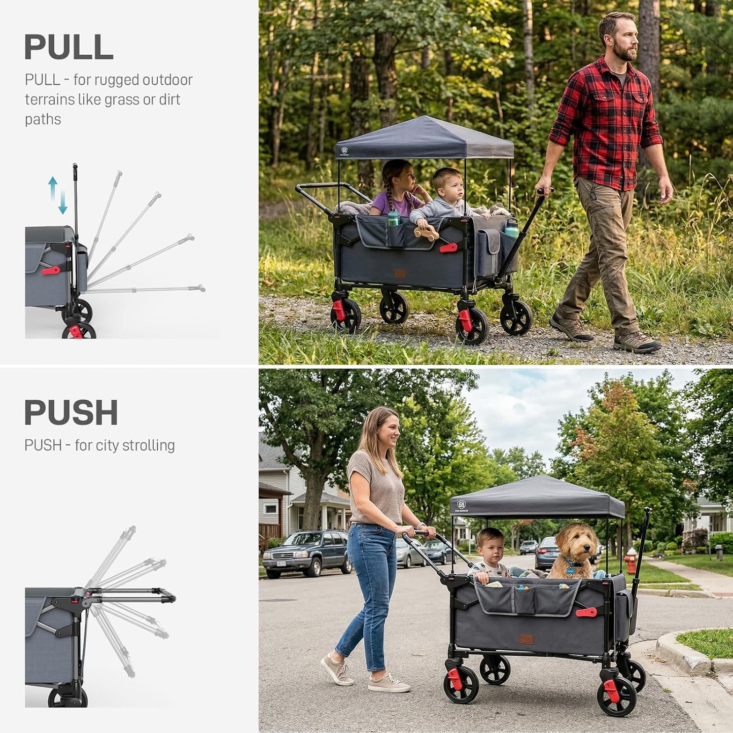 EVER ADVANCED Wagon Stroller for 2 Kids, Compact One-Step Fold Stroller Wagon with Adjustable Push/Pull Handles, Folding Wagon for Travel, Park & Beach, Includes Removable UV Canopy, Blue