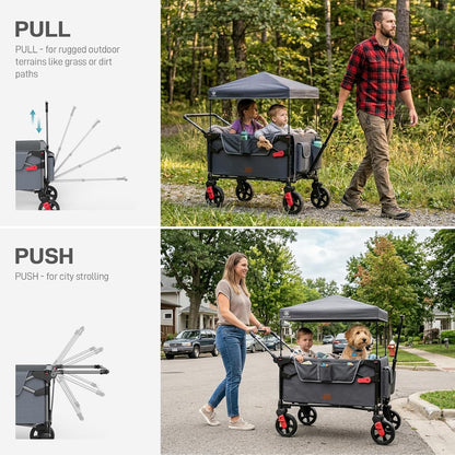 EVER ADVANCED Wagon Stroller for 2 Kids, Compact One-Step Fold Stroller Wagon with Adjustable Push/Pull Handles, Folding Wagon for Travel, Park & Beach, Includes Removable UV Canopy, Blue