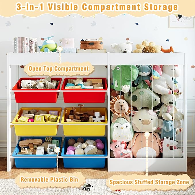 50.6" W X 39.4" H Toy Organizer, Large Toy Storage with 153L Stuffed Animal Storage for 80+ Medium Plushies, 6 Plastic Removable Bins, Toy Organizer Shelf for Girls Boys Playroom, Kids Room