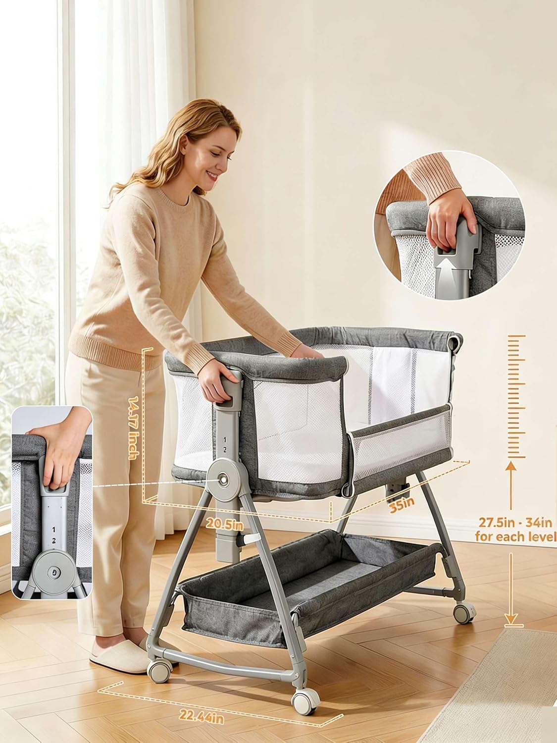 Bedside Bassinet for Baby, Sturdy 3 in 1 Bedside Sleeper with Mattress & Wheels, Height Adjustable, Breathable Mesh, Storage Basket, Easy to Assemble for Newborn, Grey