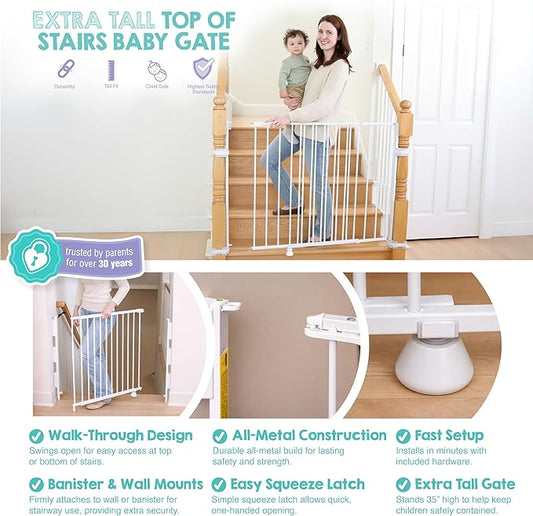 Regalo Safety 35" Extra Tall Baby Gate for Stairs, Wall Mounted 2-in-1 Wide Stair Gate for Babies, Toddlers, & Pets, Includes Banister and Wall Mounting Kit, White