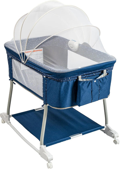Multi Function Baby Crib Bedside Sleeper Newborn Rocking Bassinet for Infant and Toddler with Wheel Base Portable and Adjustable(Navy Blue)