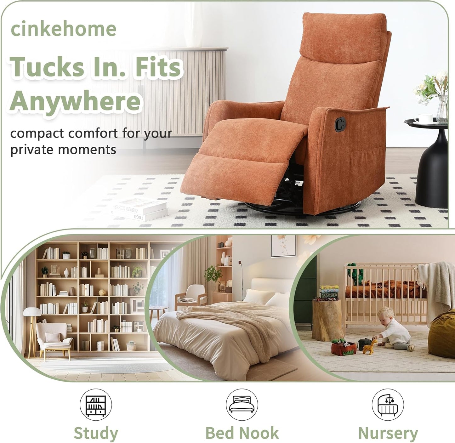 cinkehome Swivel Rocker Recliner, Glider Rocker Recliner Chair for Nursery, Manual Reclining Chair with Heated Massage, Small Spaces, Living Room, Khaki Chenille