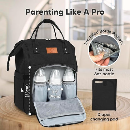 KeaBabies Baby Diaper Bag Backpack - Large Baby Bag for Boys, Girls, Waterproof Multi Function Travel Diaper Backpack with Changing Pad, Durable Travel Essentials for Moms and Dads (Trendy Black)