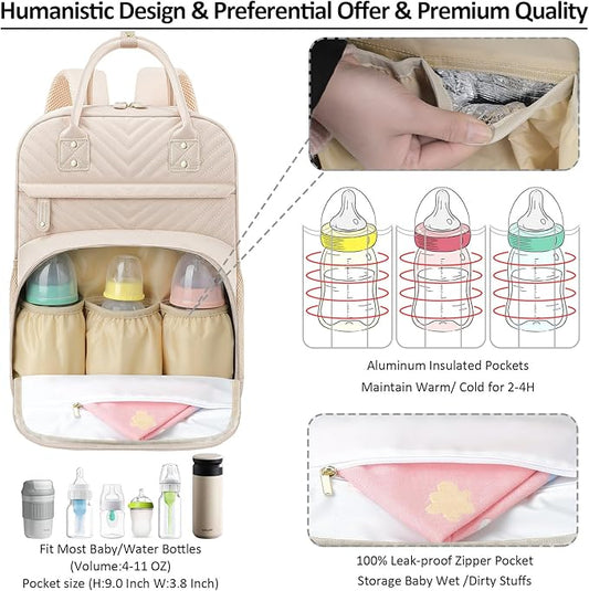 Tenot Diaper Bag Backpack Tote for Women Large Capacity, Baby Bag with Insulated Pockets Multifunctional Diaper Bags For Baby Girl Boy Waterproof Baby Bags For Boys Girls Maternity Bag Beige