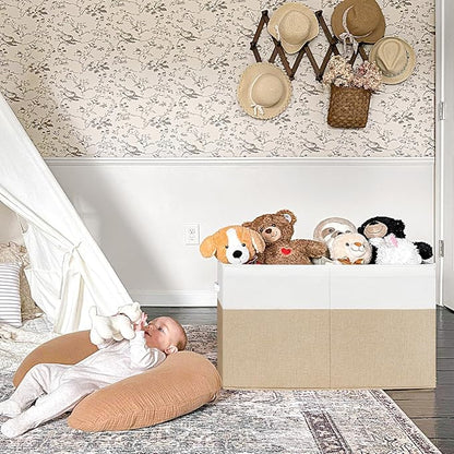 INDRESSME Large Toy Box with Lid, Collapsible Toy Storage Organizer Chest with Divider, Foldable Toy Bin for Kids Boys Girls Playroom Nursery Bedroom Living Room 25"x16"x13" (Beige & White)