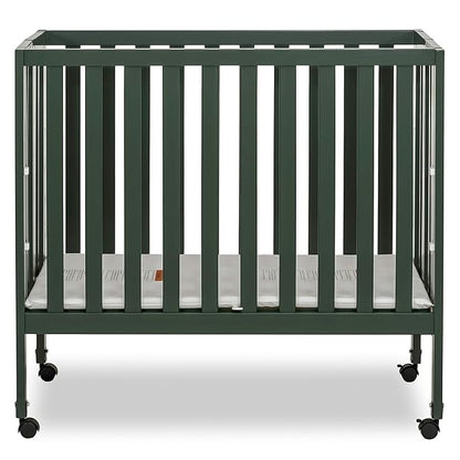 Dream On Me Jett Mini Folding Baby Crib in Olive, GreenGuard Gold & BSA, Lightweight & Portable, Patented Flat Folding System for Small Spaces & Travel, 1.5” Mattress Pad, 3 Heights, Safe Wheels