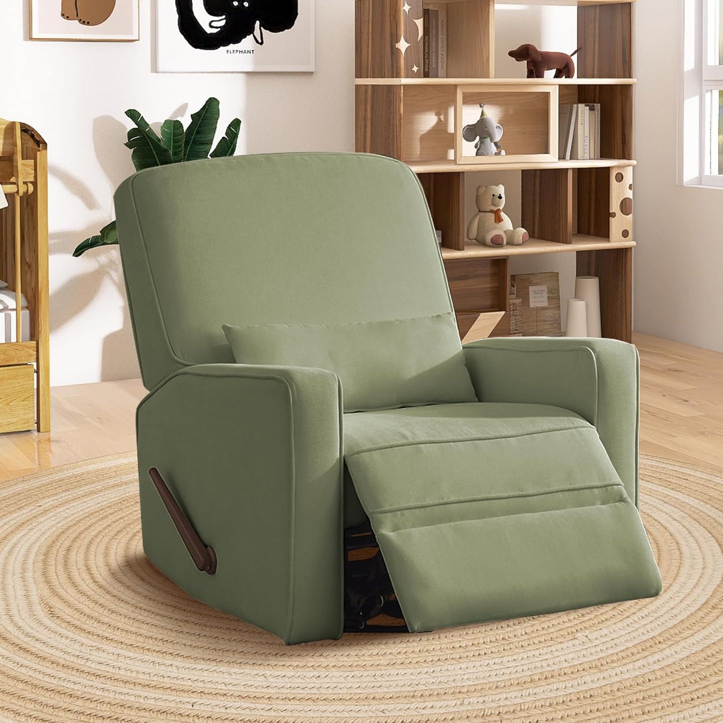 Tbfit Nursery Rocking Chair,360°Swivel Recliner Chair with Lumbar Support for Bedroom, Comfy Upholstered Armchair with Pillows & Footrest for Living Room & Baby Room