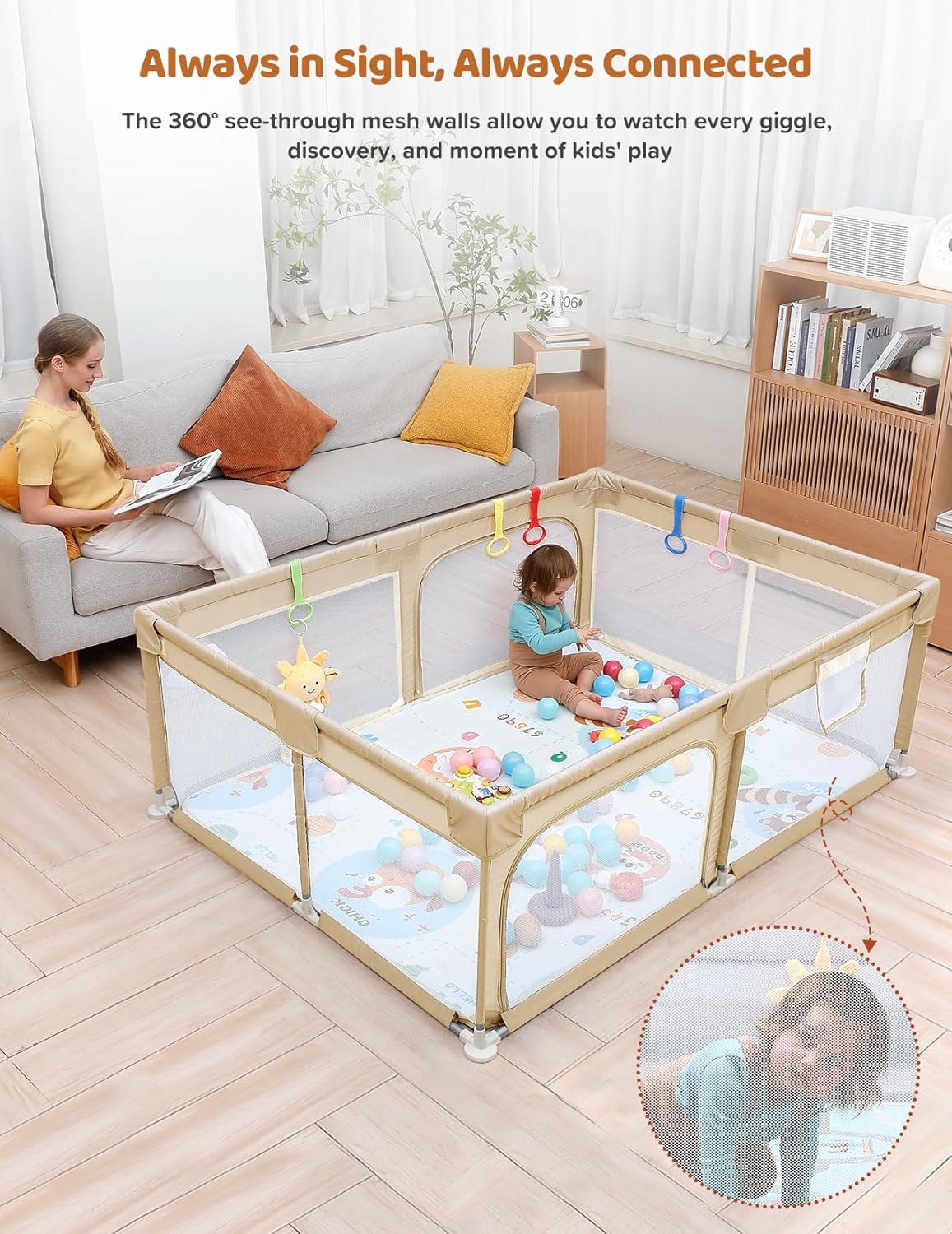 Dripex Baby Playpen, 47"x47" Small Playpen for Babies, Enhanced Safety Baby Play Yard for Indoor & Outdoor, Infant Play Pen with Soft Breathable Visible Mesh, Anti-Fall Design & Easy Setup, Grey