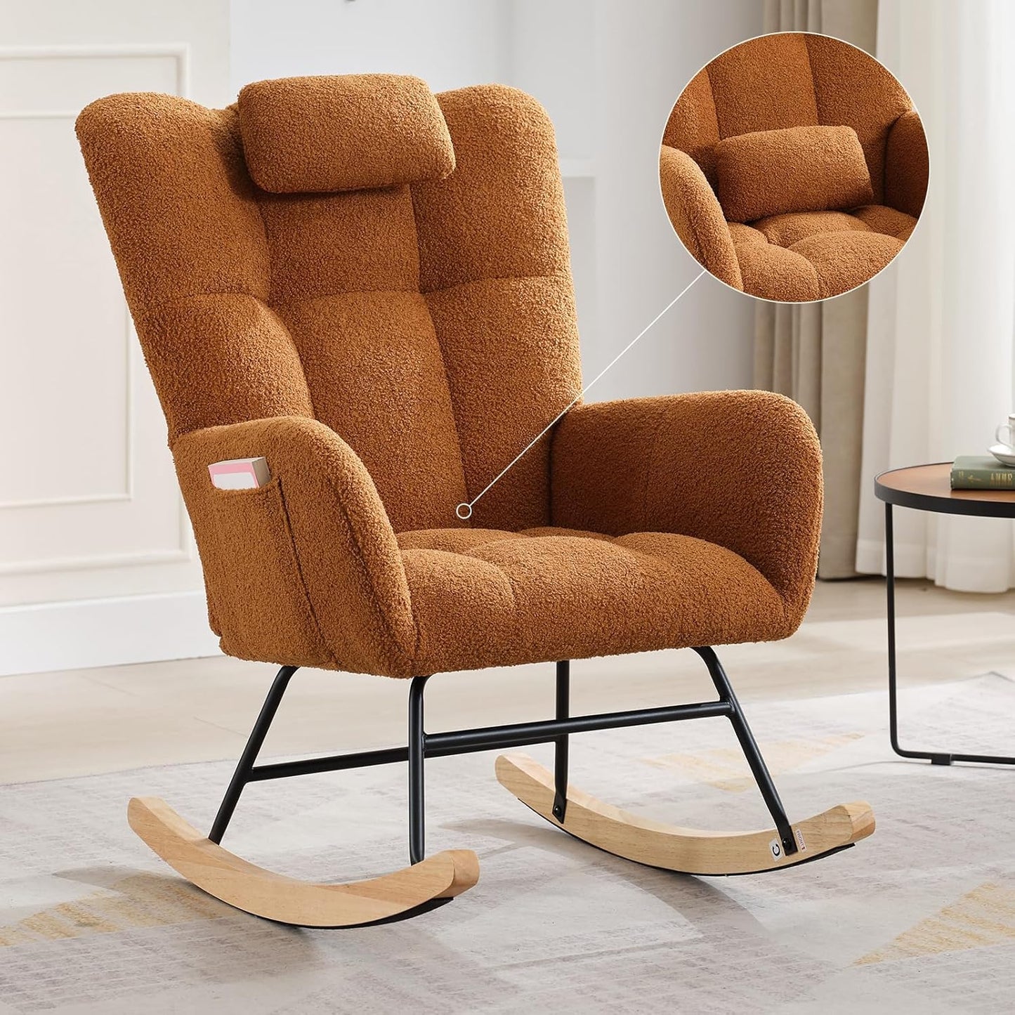 Teddy Glider Rocker, Nursery Nursing Chair for Adults, Compact Space-Saving Rocking Chair for Living Room, Bedroom & Small Spaces,Brown
