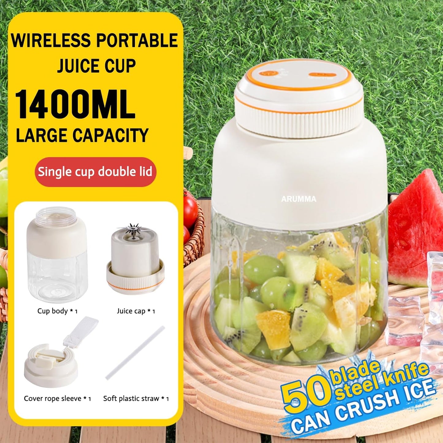 Portable Juice Cup Blender for Smoothies Shakes Fruit Crush Baby Food Maker 43oz 1300ML USB Charging Cordless Food Grade Blades Electric Smoothie Blender for Small Ice Kitchen Outdoor