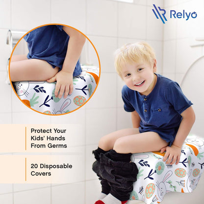 Relyo Disposable Toilet Seat Cover for Travel – 20 Pack with Covers Wrapped in Sets of 2, Non-Flushable Liners, Fits Most Seats – Kids, Toddlers, Adults (Dinosaurs, 20)