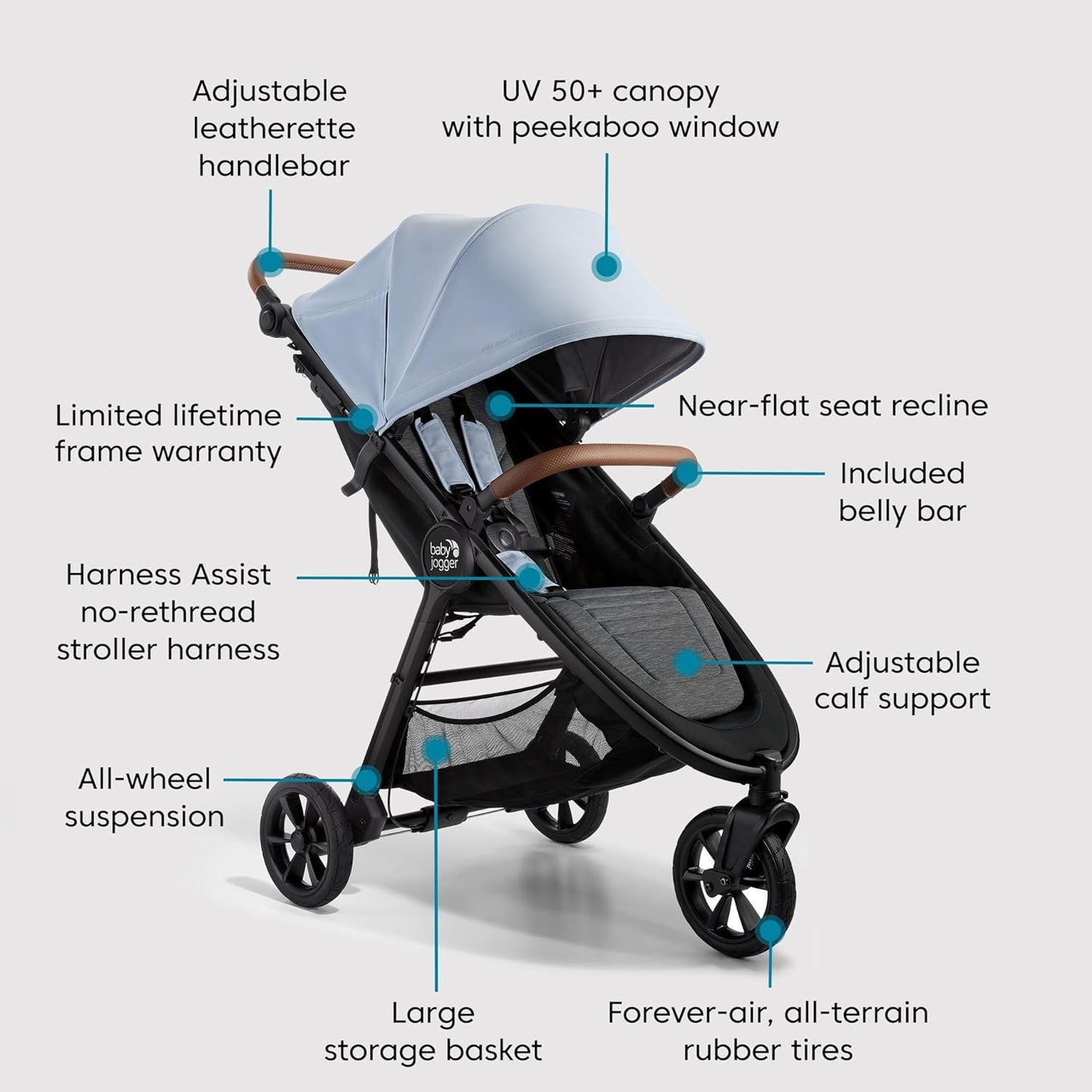 Baby Jogger City Mini GT3 All Terrain Baby Stroller with Forever Air Rubber Tires, All Wheel Suspension, Lightweight Stroller with Magnetic Buckle, No-Rethread Harness, and Foot Brake, Frosted Ivory