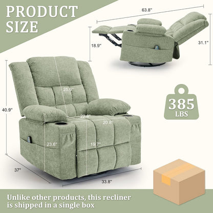Korser 360° Swivel Rocker Recliner for Adults, Nursery Glider Recliner with Massage and Heating, Rocking Chair with Cup Holder, Manual Recliner Chair for Living Room, Bedroom (Fabric, Beige)