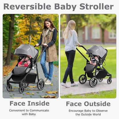 INFANS 2 in 1 Baby Stroller, High Landscape Infant Stroller & Reversible Bassinet Pram, Foldable Pushchair with Adjustable Canopy, Storage Basket, Cup Holder, Suspension Wheels (Black)