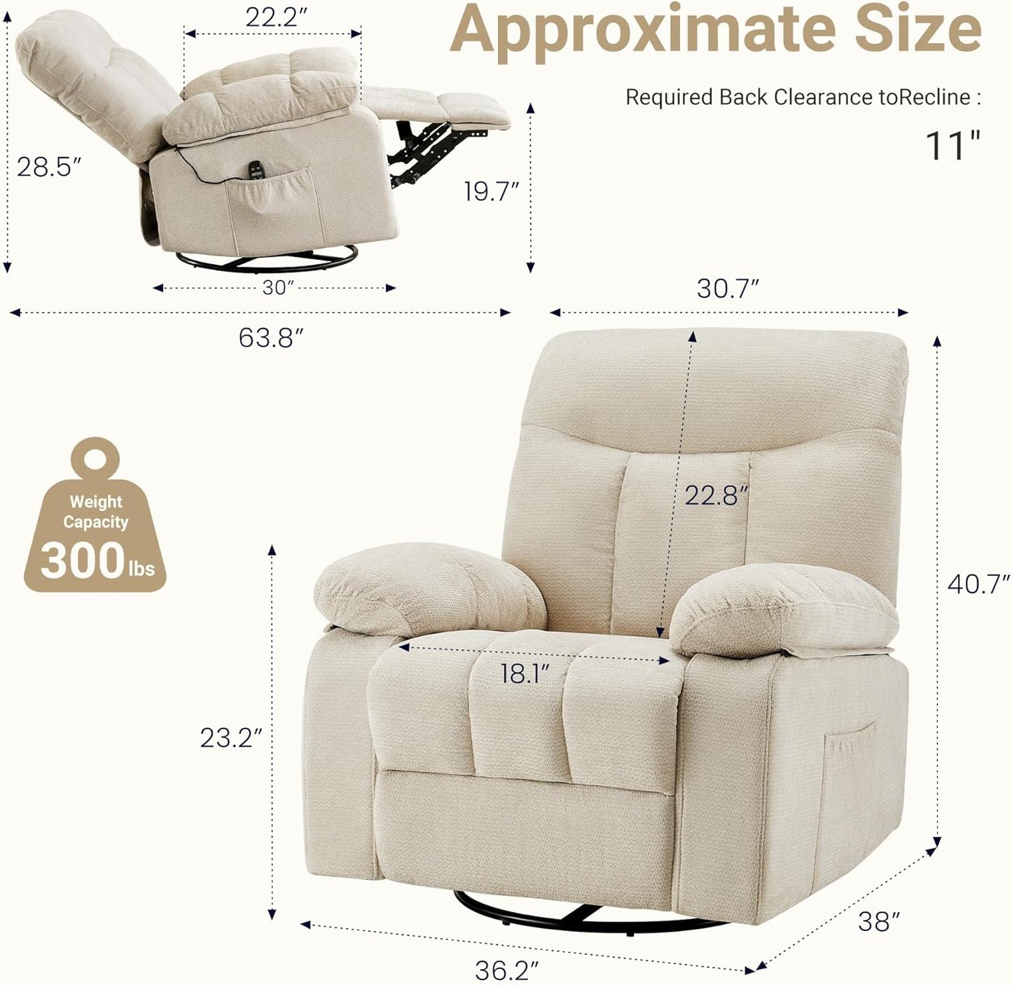 Power Lift Recliner Chair for Adult with Heated and Full Body Massage, Glider Nursery Chair with Cup Holder and USB Charge Port, Oversided Swivel Rocker Recliner for Living/Study/Bedroom Room, Grey
