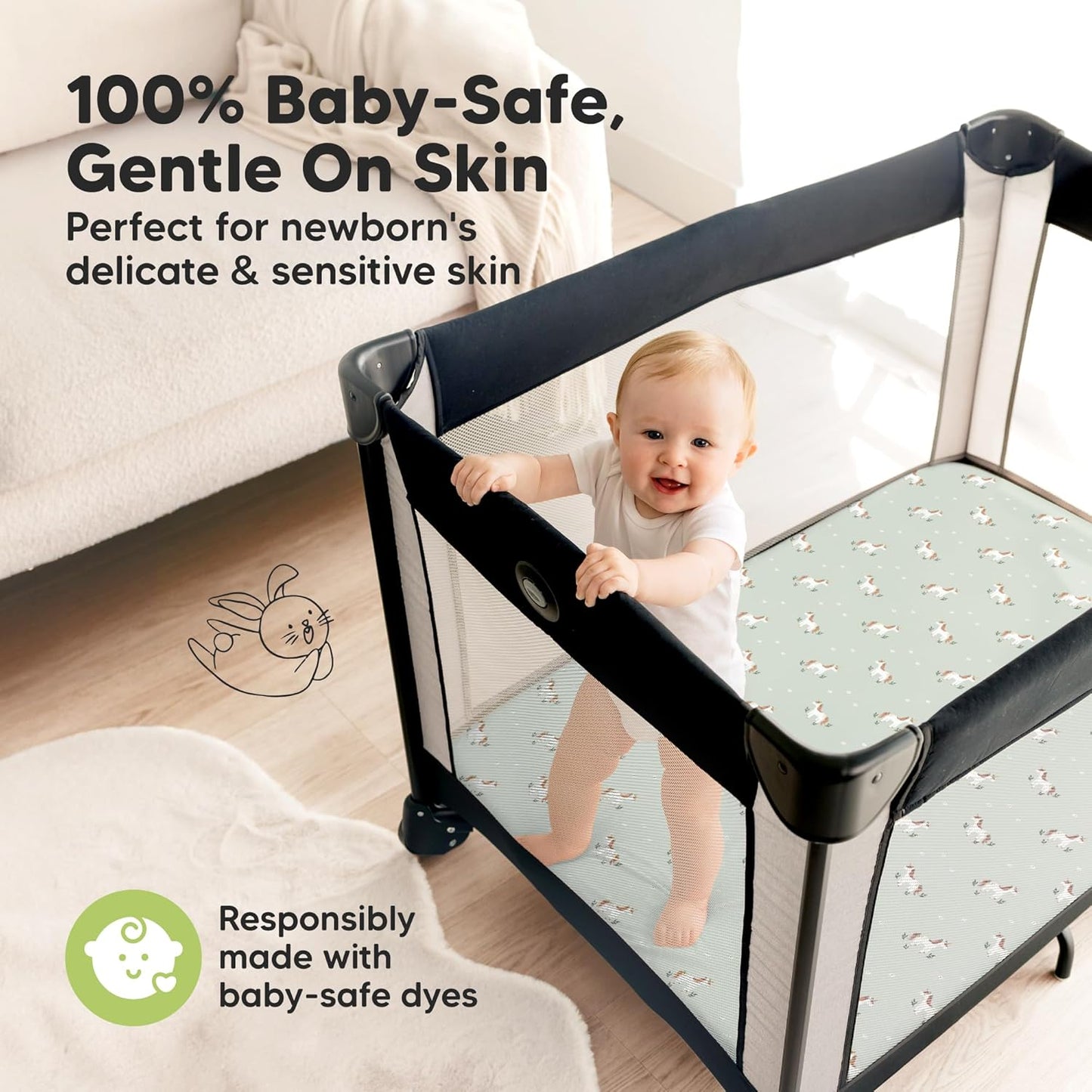 2-Pack Waterproof Pack and Play Sheets, Mini Crib Sheets Fitted for Boy, Girl - 38 x 26 Viscose from Bamboo Pack N Play Mattress Sheets for Graco, Toddler Playard Baby Crib Sheets Neutral (Blue Flax) - Colors A