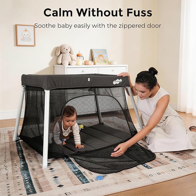 Pamo Babe Travel Crib with Bassinet, Certified Baby Safe Portable Crib, Extra Large Portable Playpen with Mattress & Zipper Door, Lightweight Foldable Pack and Play Baby Travel Bed - Grey
