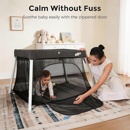 Pamo Babe Travel Crib with Bassinet, Certified Baby Safe Portable Crib, Extra Large Portable Playpen with Mattress & Zipper Door, Lightweight Foldable Pack and Play Baby Travel Bed - Grey