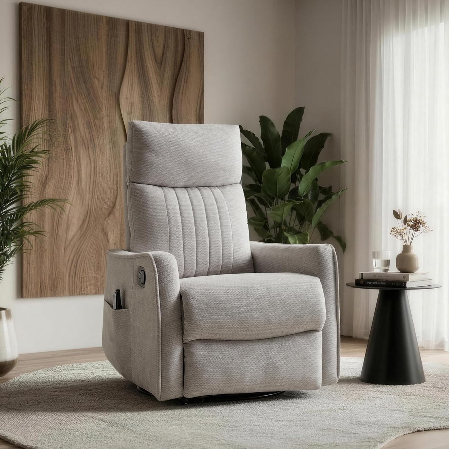 Casaphoria 360° Swivel Rocking Recliner Chair with Heat and Massage Upholstered Fabric Nursery Glider with Side Pocket for Living Room,Bedroom,Home Theater and RV Small Space(Light Gray)