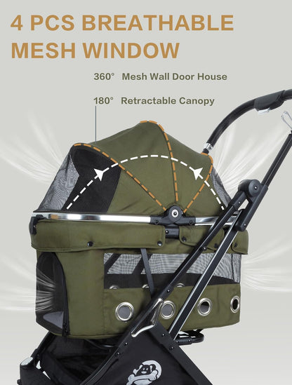JK Pawadore 4 Wheels Pet Stroller Best Lightweight Foldable Portable Secure Easy Lock NO-Zip 180 ̊ Canopy Sun Shades Waterproof for Small/Medium Dogs 33lbs with Large Storage Basket (Khaki)