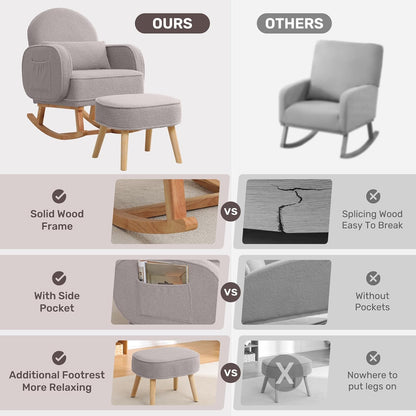 HCHAIRH Nursery Rocking Chair with Ottoman, Upholstered Glider Rocker with High Backrest Side Pocket, Rocking Accent Armchair with Solid Wood Legs for Nursery, Living Room, Bedroom, Light Grey
