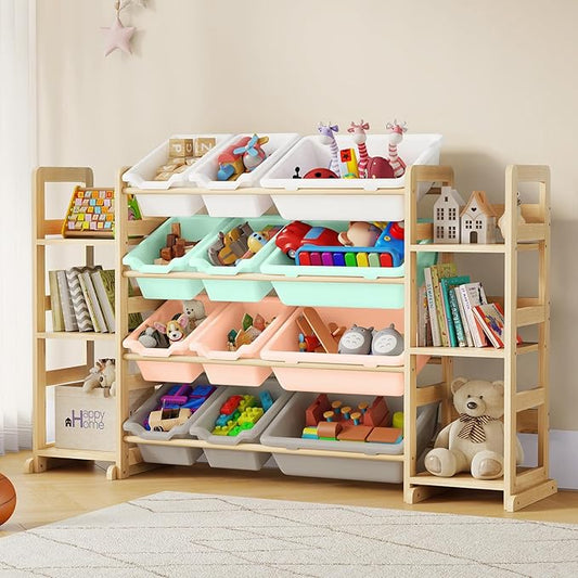 EXPERLAM Extra Large Toy Storage - Toy Storage Organizer, Wooden Toy Organizer with 6 Side Shelves and 12 Bins, 3-in-1 Bookshelf for Kids Rooms, Playroom, Nursery, Multi Color