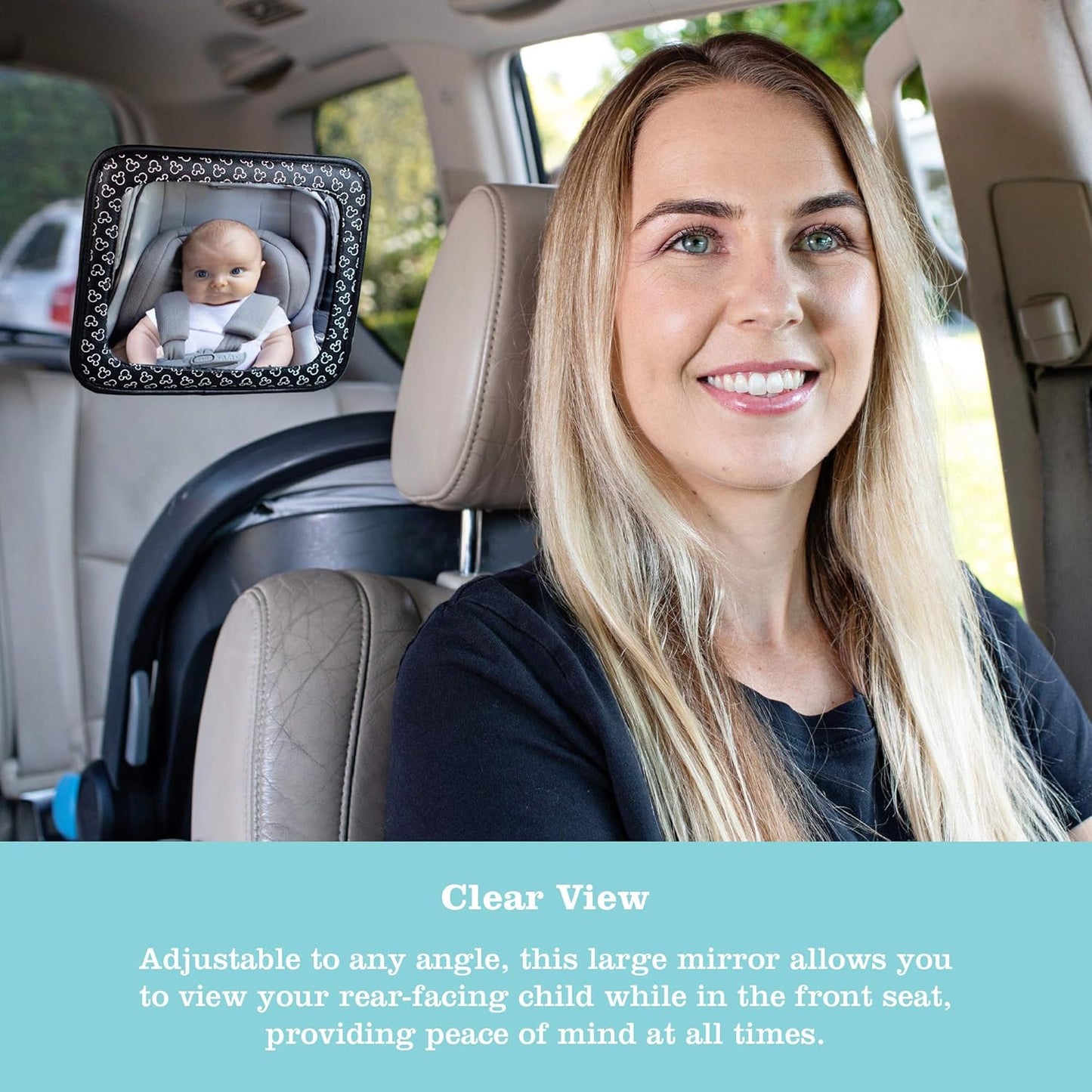 Disney Baby by J.L. Childress Rear View Baby Car Seat Mirror - Rear Facing Infant, Toddler, or Child, Travel Essentials, Shatterproof & Extra Clear, Adjustable, Universal Fit - Mickey Mouse
